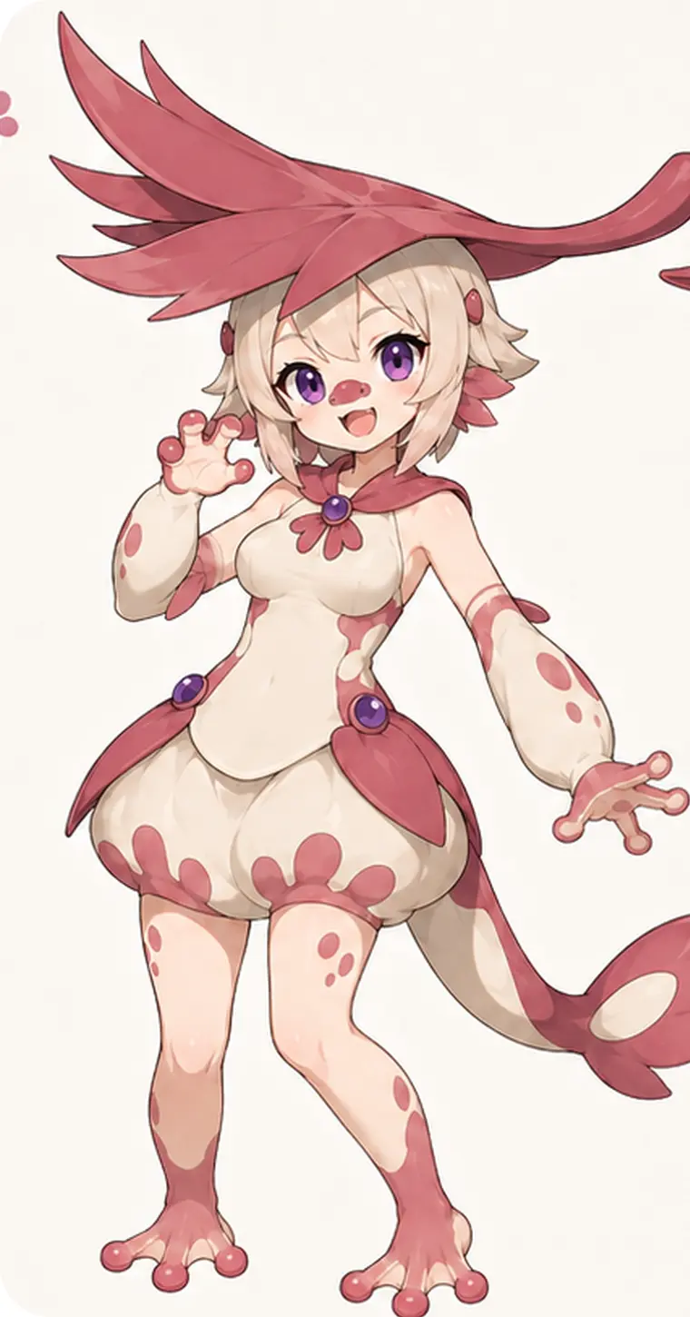 Toffu, a cream-and-rose amphibian fairy monk wearing an enormous leaf hat